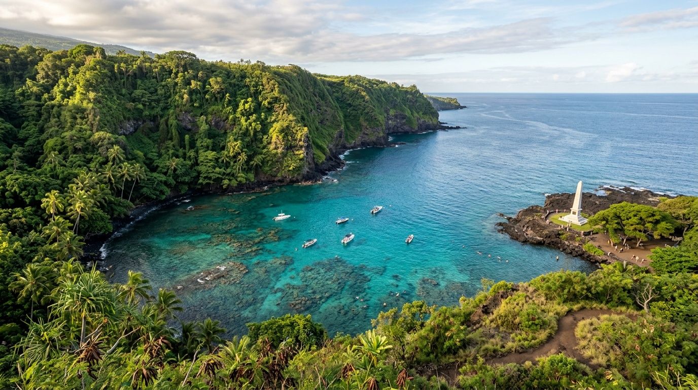A high-angle view of the turquoise waters at Kealakekua Bay on the Big Island of Hawaii