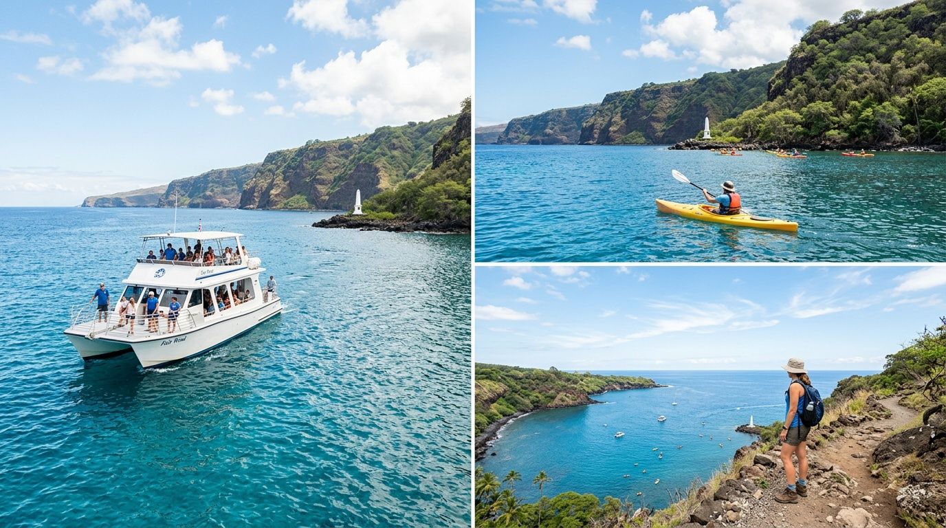 A scenic collage showing a snorkeling tour boat, a kayaker, and a hiker viewing Kealakekua Bay, Hawaii.