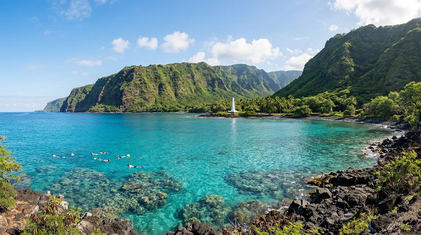 A scenic view of Kealakekua Bay on the Big Island with people snorkeling in clear blue water.