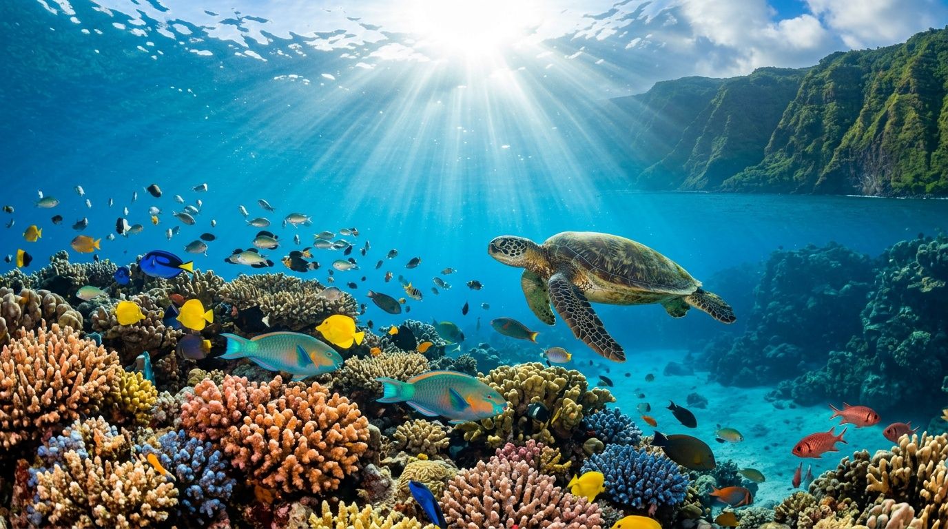 A sea turtle swims over a vibrant coral reef in clear blue water with many colorful tropical fish.