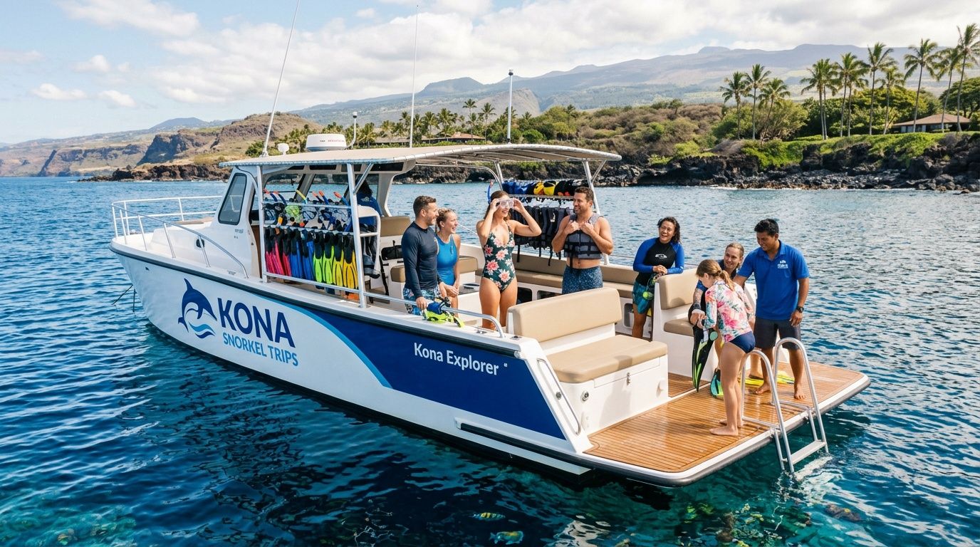 A group of people preparing for a snorkeling trip on a Kona Snorkel Trips boat near Big Island.