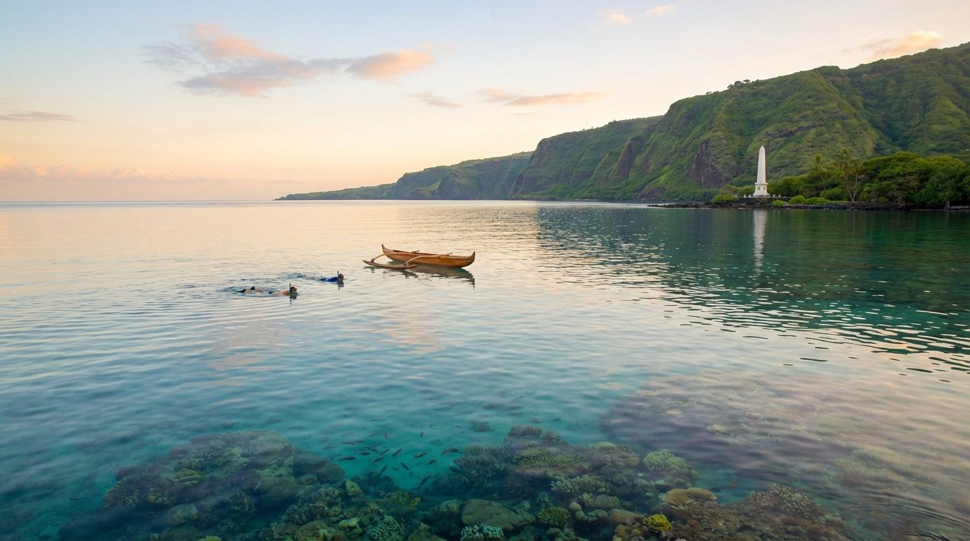 Snorkelers swim near a traditional outrigger canoe in the clear, calm waters of Captain Cook monument cove.
