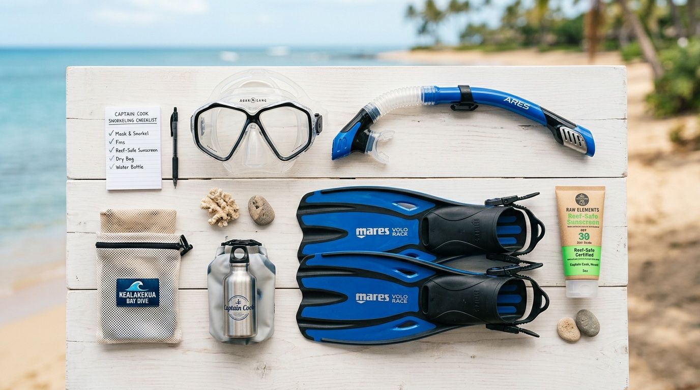 A flat lay of snorkeling gear including mask, snorkel, fins, sunscreen, and dry bag on a beach.