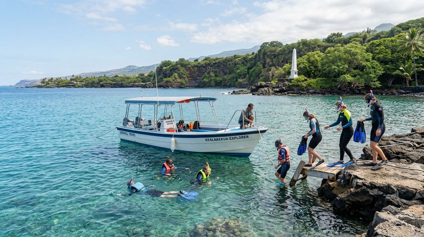 A group of people snorkeling and exiting a boat at the Kealakekua Bay monument on the Big Island.