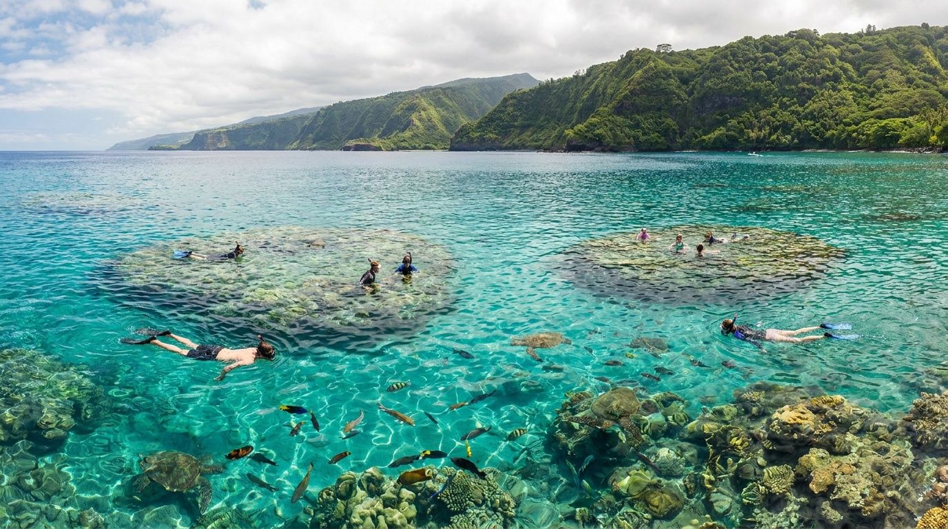 Tourists snorkeling with sea turtles and tropical fish in the clear turquoise waters at Captain Cook Monument.