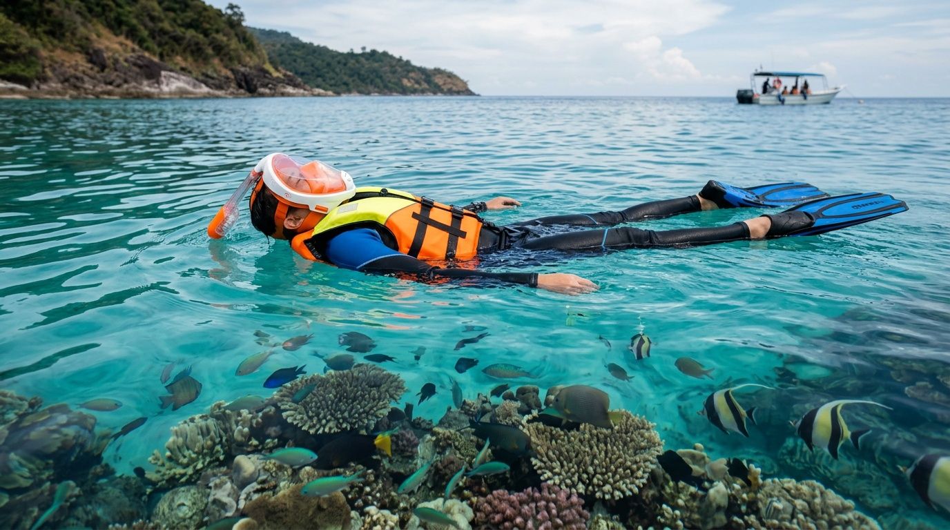 A person snorkeling with a full-face mask over a vibrant coral reef in clear tropical waters.