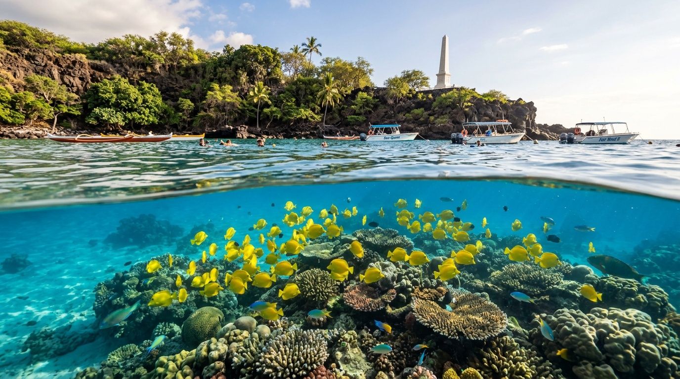 A split-level view of Captain Cook monument on Big Island, Hawaii, featuring snorkelers and bright yellow fish underwater.