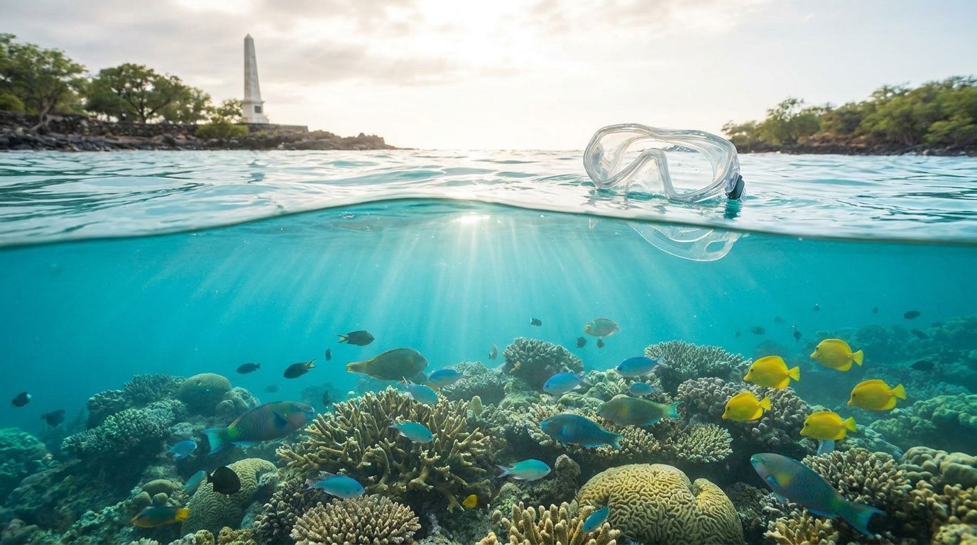 A snorkel mask floats on the surface above a vibrant coral reef filled with colorful tropical fish.