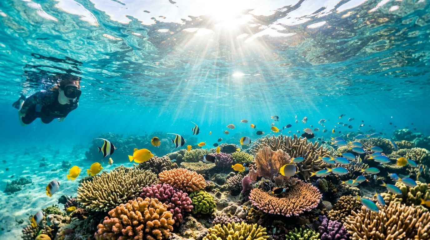 A snorkeler swims over a vibrant coral reef filled with colorful tropical fish under bright sunlight.