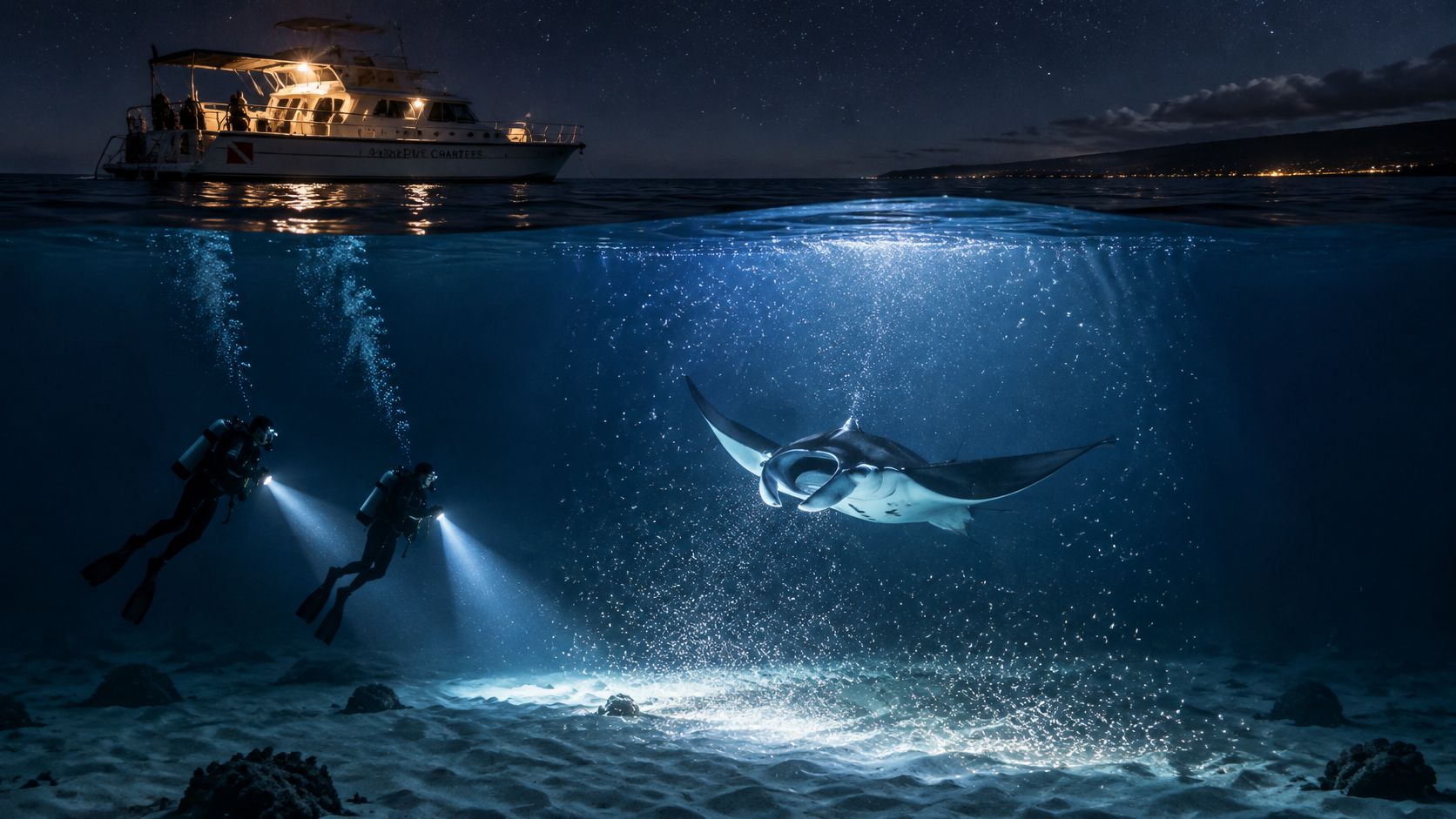 Scuba divers use lights to observe a large manta ray swimming beneath a boat at night.
