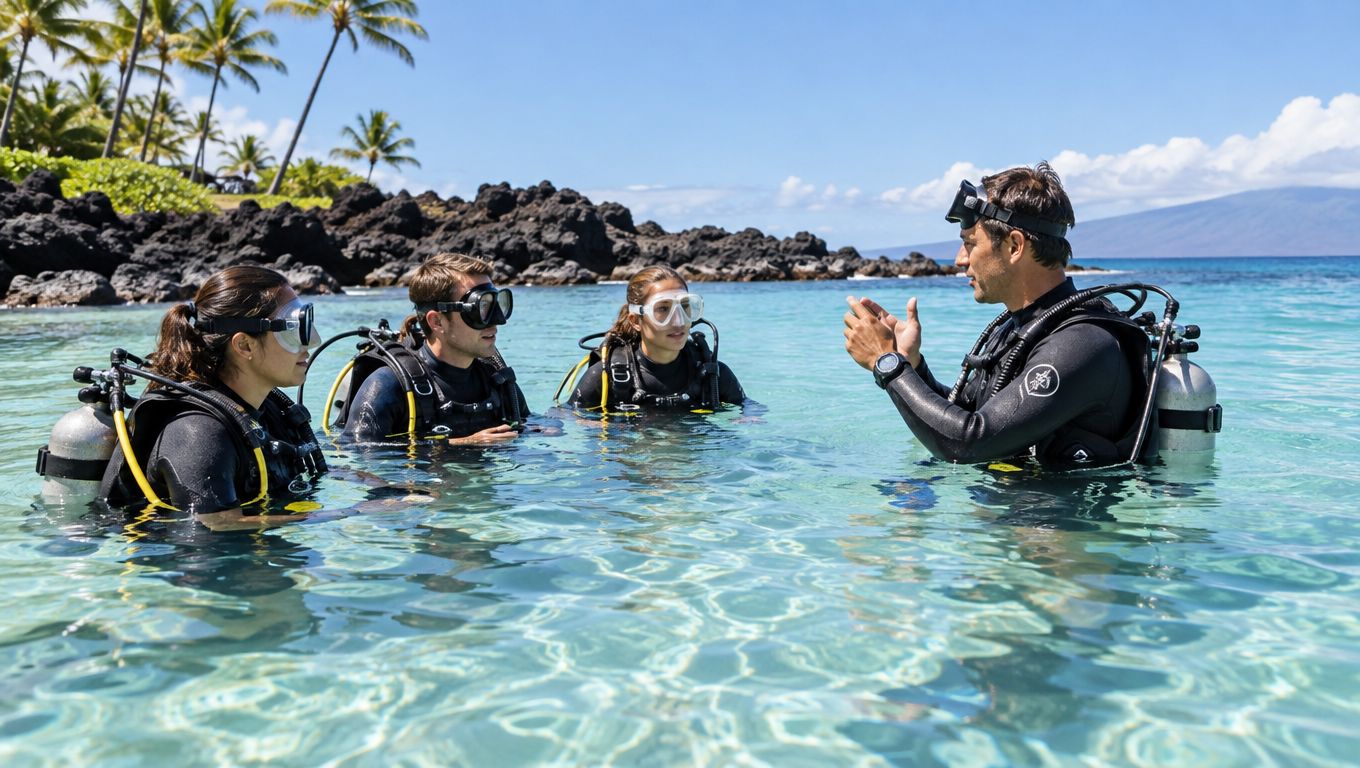 A scuba instructor gives instructions to a small group of divers in the clear tropical waters.