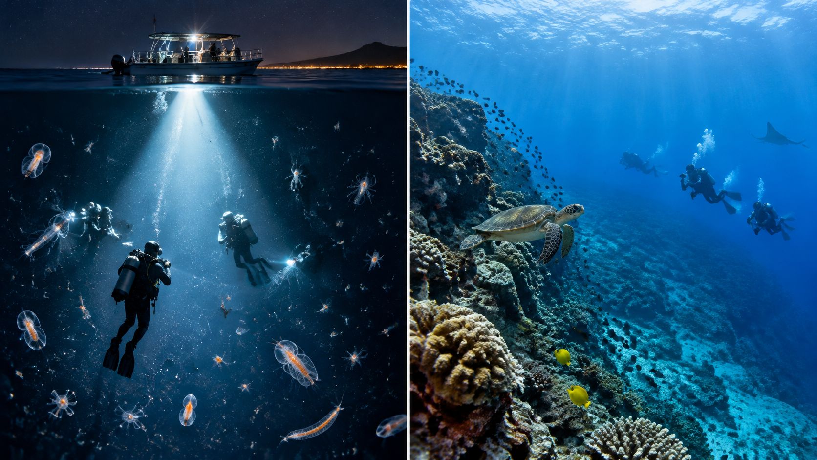 A split-screen view showing scuba divers exploring Hawaii's waters at night and during a bright sunny day.