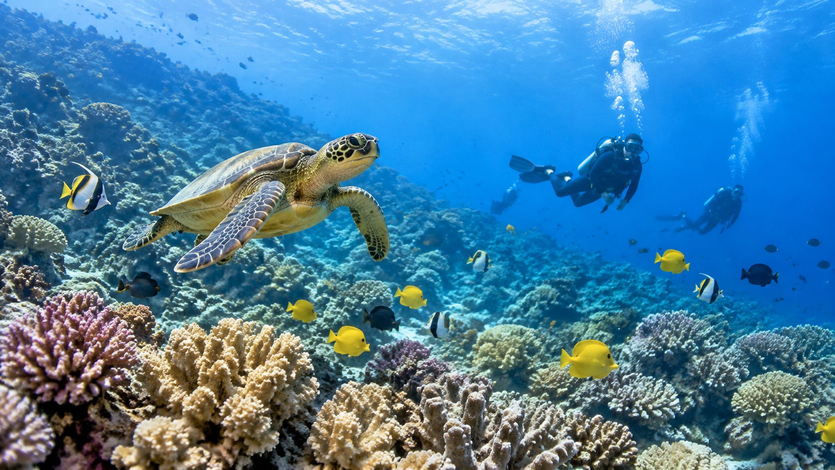 A sea turtle swimming gracefully past a colorful coral reef with scuba divers exploring the underwater scene.