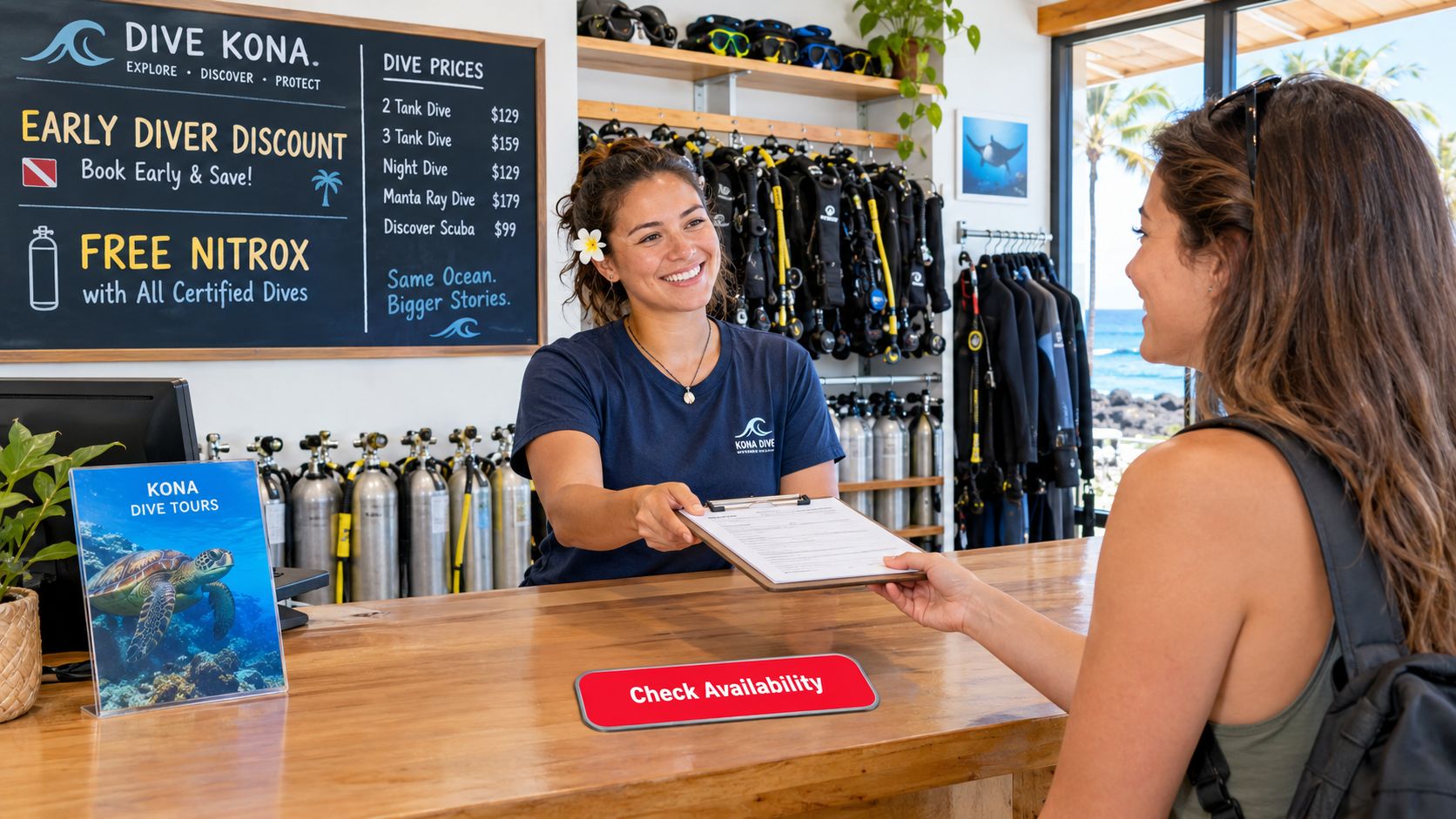 A friendly employee at a Kona dive shop hands a clipboard to a customer at the front desk.