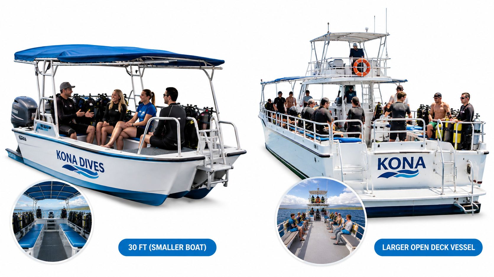 Two dive boats from Kona Dives featuring a 30-foot vessel and a larger open deck boat.