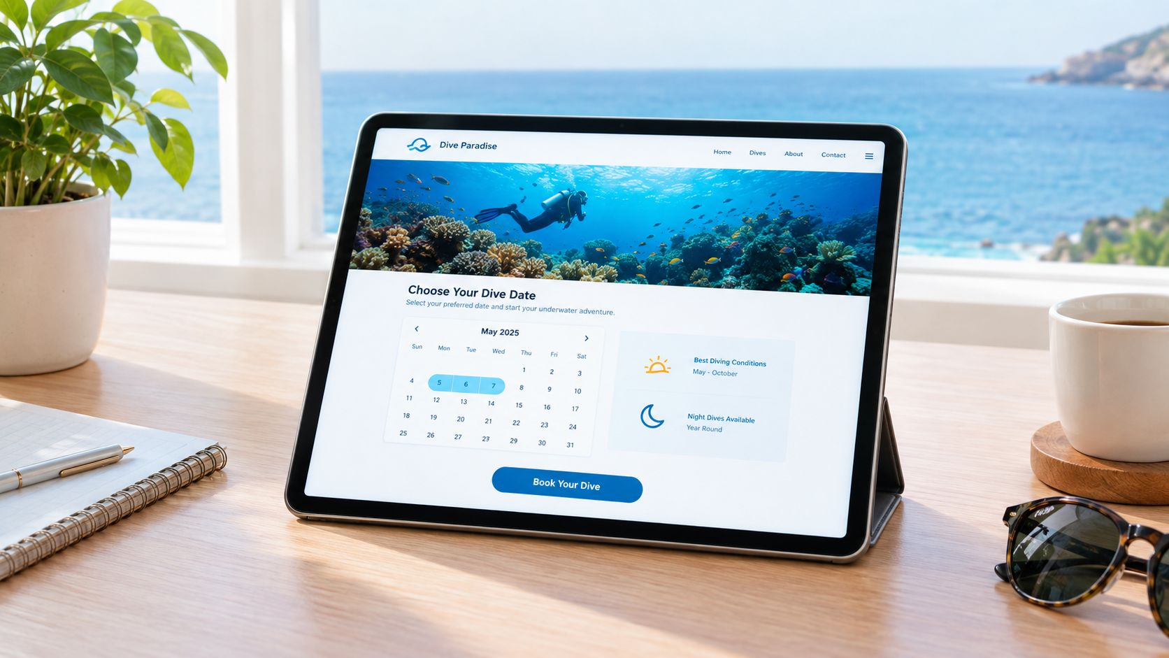 A digital tablet displaying a Dive Paradise booking website with a calendar and coral reef background.