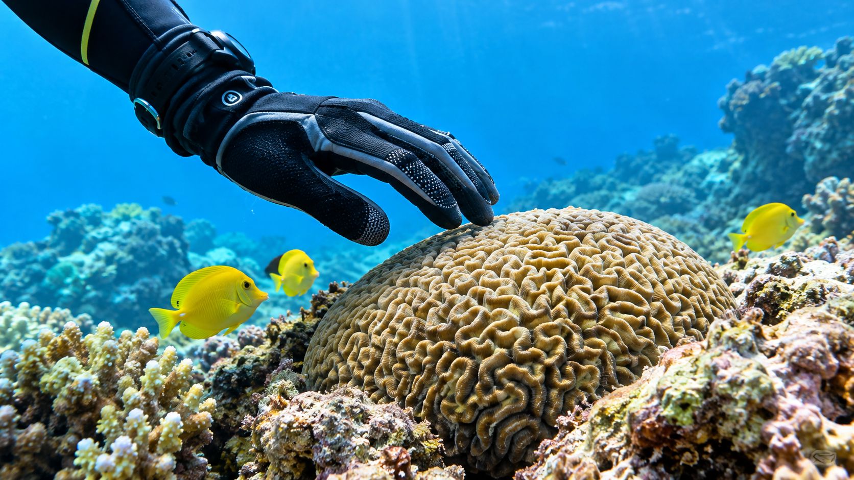 A scuba diver wearing a black glove reaching toward a round brain coral on the ocean floor.