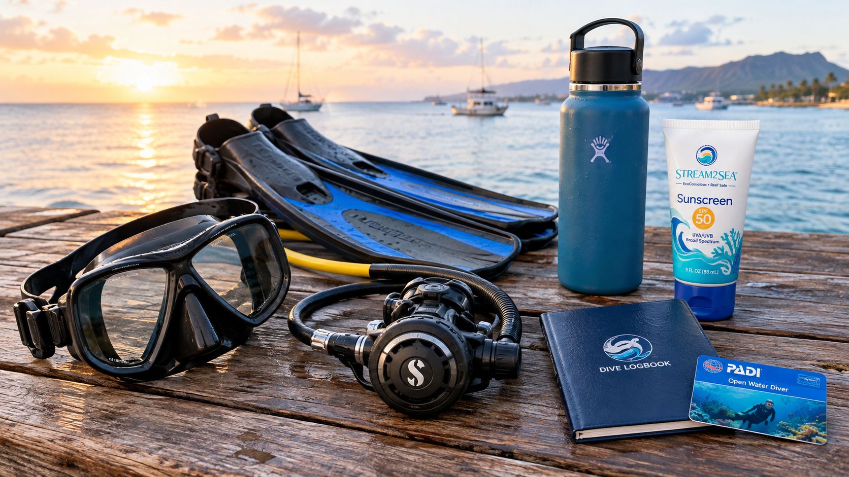 Scuba diving equipment including mask, fins, regulator, logbook, and sunscreen set on a wooden pier at sunset.
