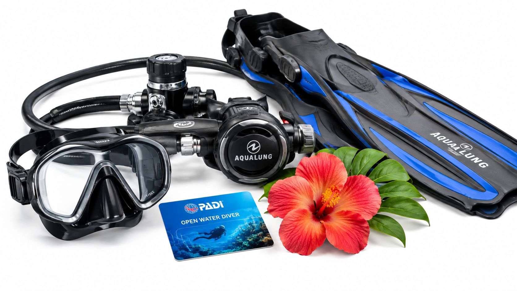 Scuba diving equipment including mask, regulator, fins, and a PADI Open Water Diver certification card.