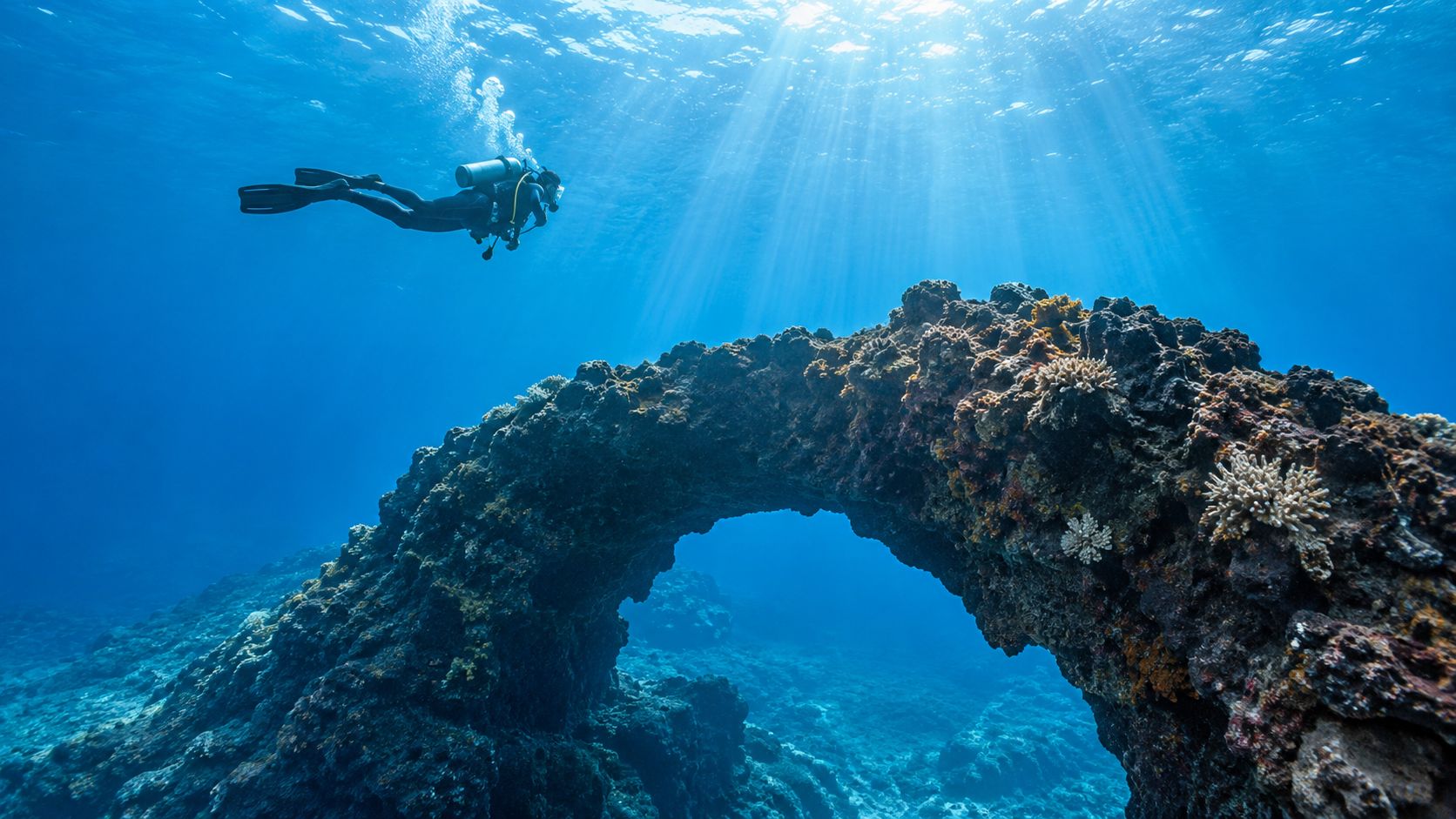 A scuba diver swims through the clear blue ocean above a natural underwater rock archway formation.