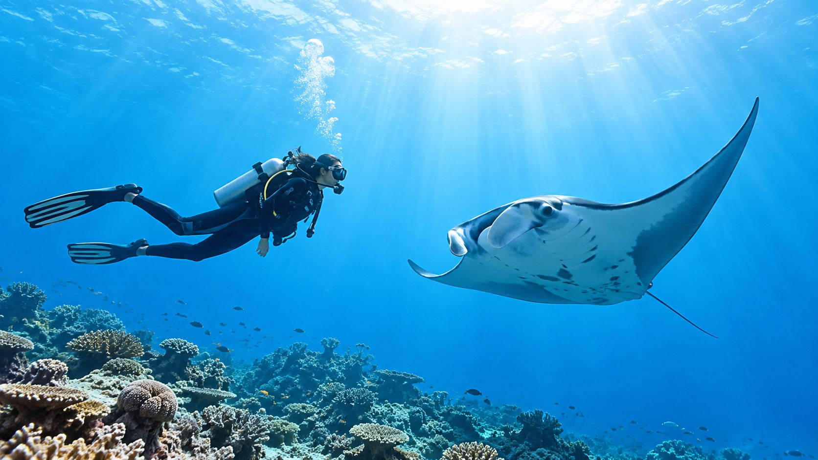A scuba diver swimming gracefully alongside a large manta ray over a vibrant coral reef underwater.