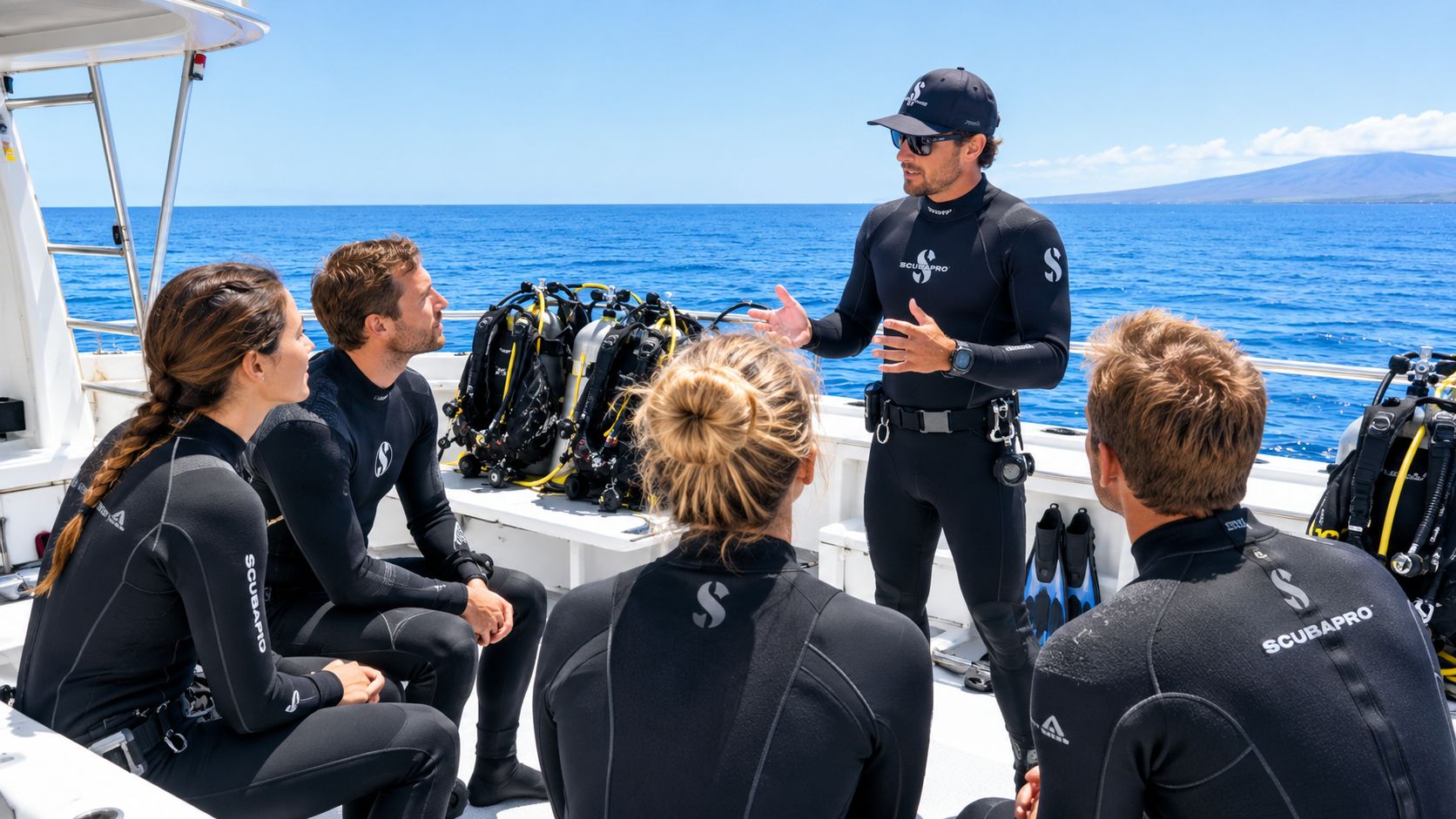 A professional dive instructor briefing a group of divers on a boat near the Big Island.