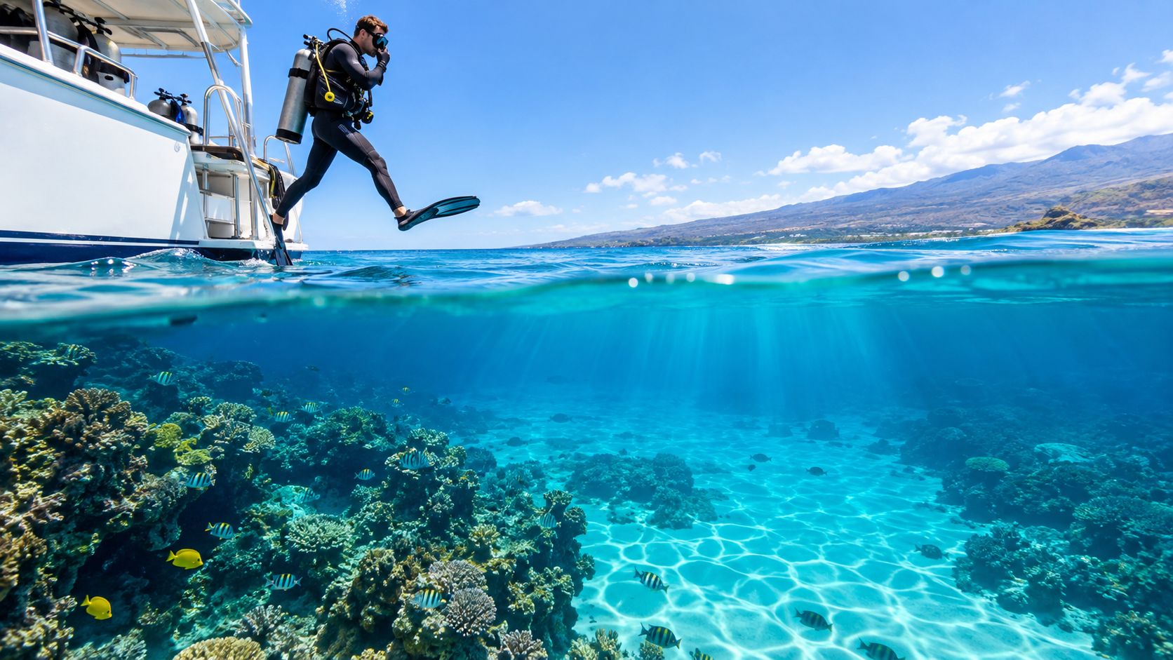 A scuba diver jumps off a boat into the clear turquoise waters of the Big Island, Hawaii.