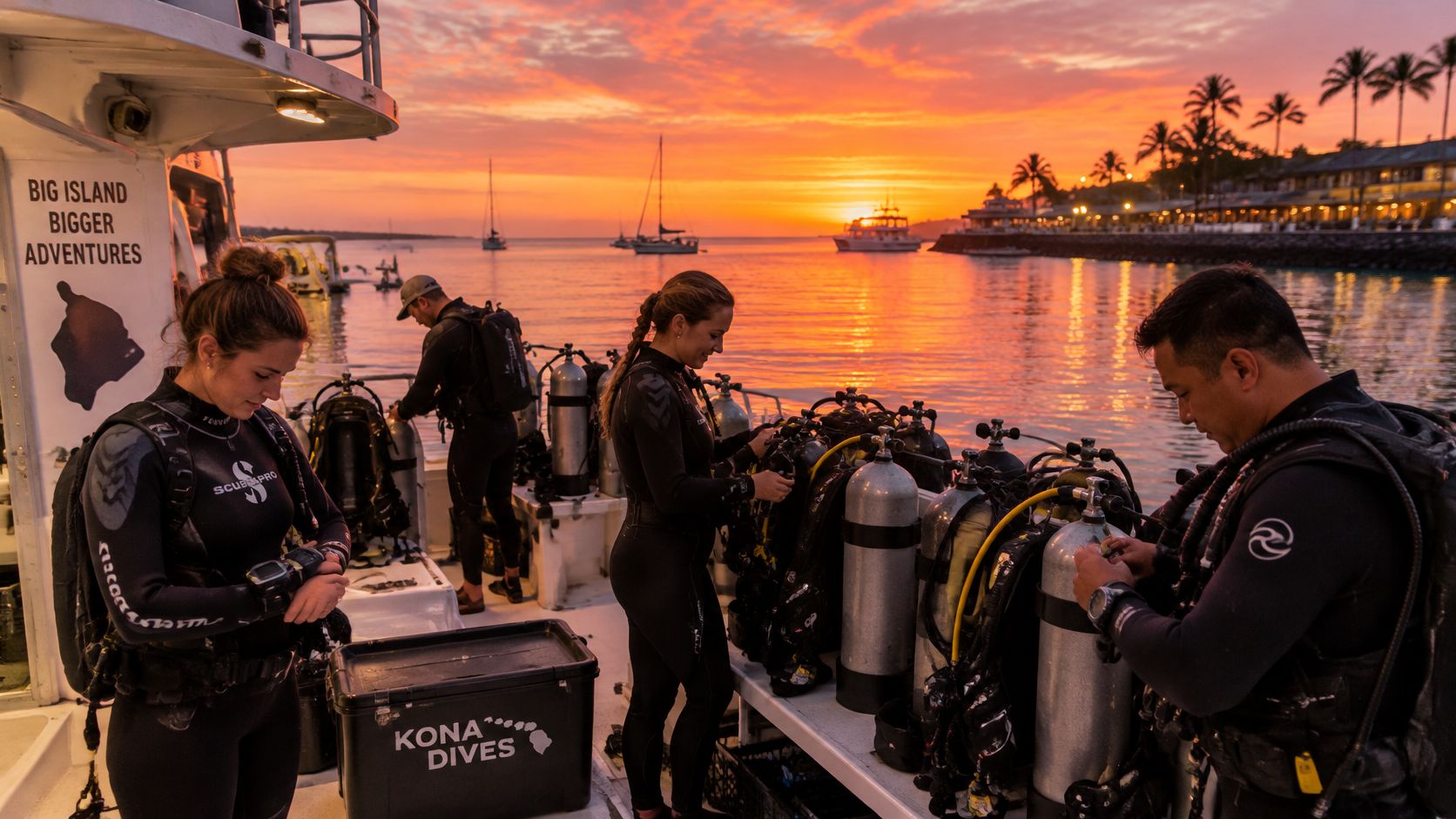 Scuba divers preparing their gear on a boat in Kailua-Kona during a beautiful sunset.
