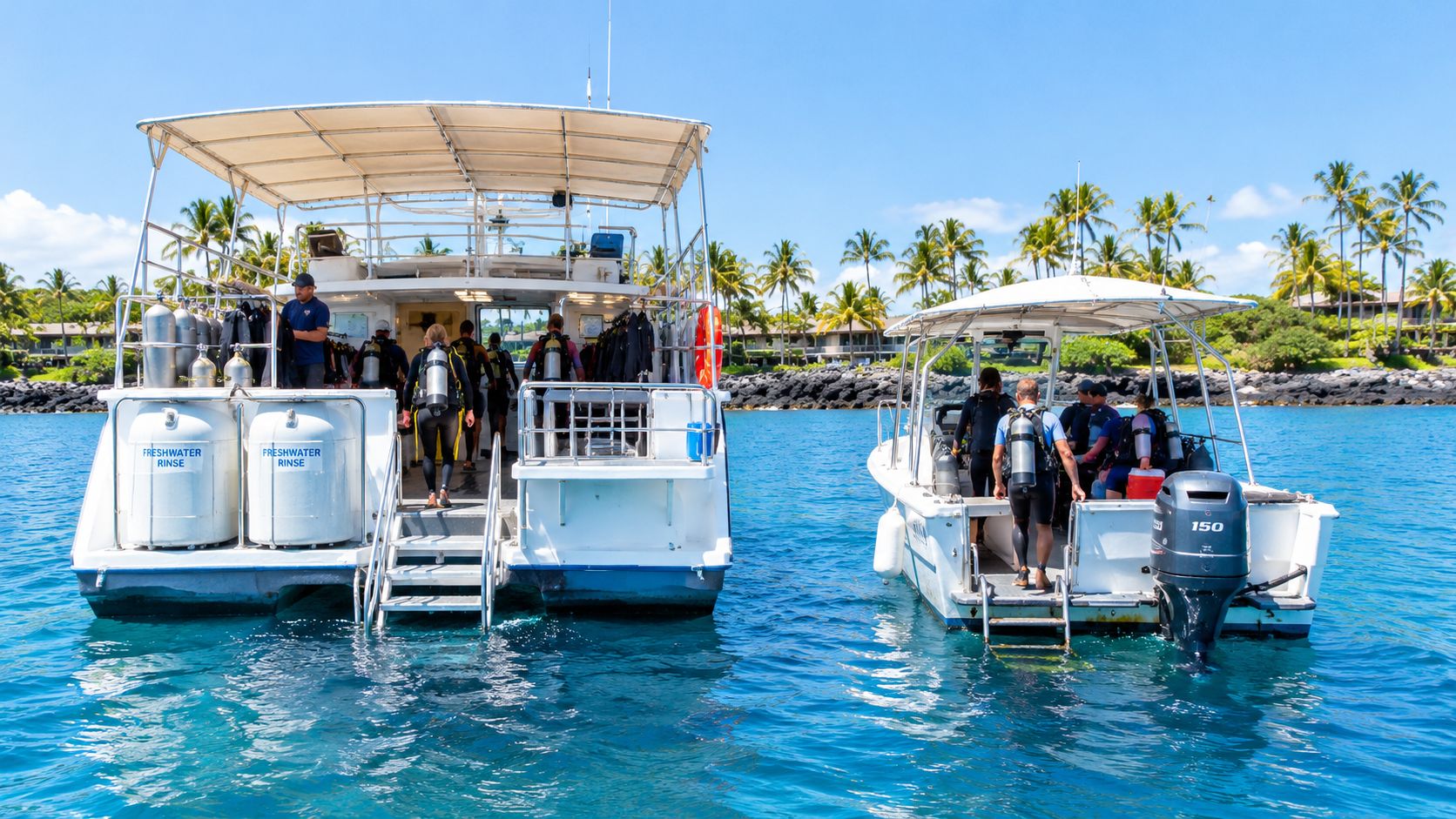 Scuba divers board boats for a diving excursion off the coast of Kailua-Kona, Hawaii.