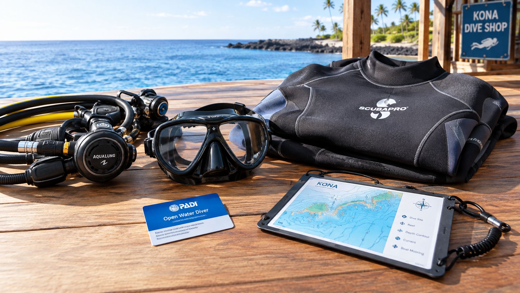 Scuba diving equipment including a regulator, mask, wetsuit, PADI certification card, and a map of Kona.