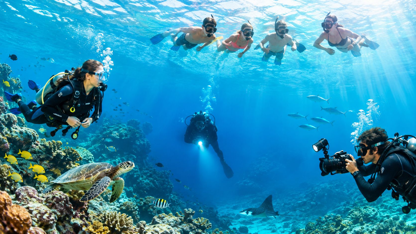 Scuba divers and snorkelers explore a vibrant coral reef with a sea turtle and tropical fish.