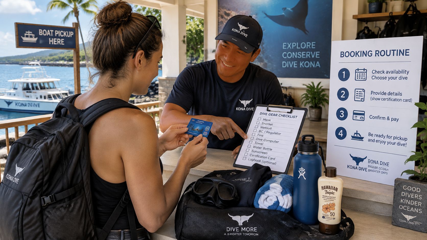 A smiling dive shop employee assisting a customer with a dive gear checklist at a tropical kiosk.