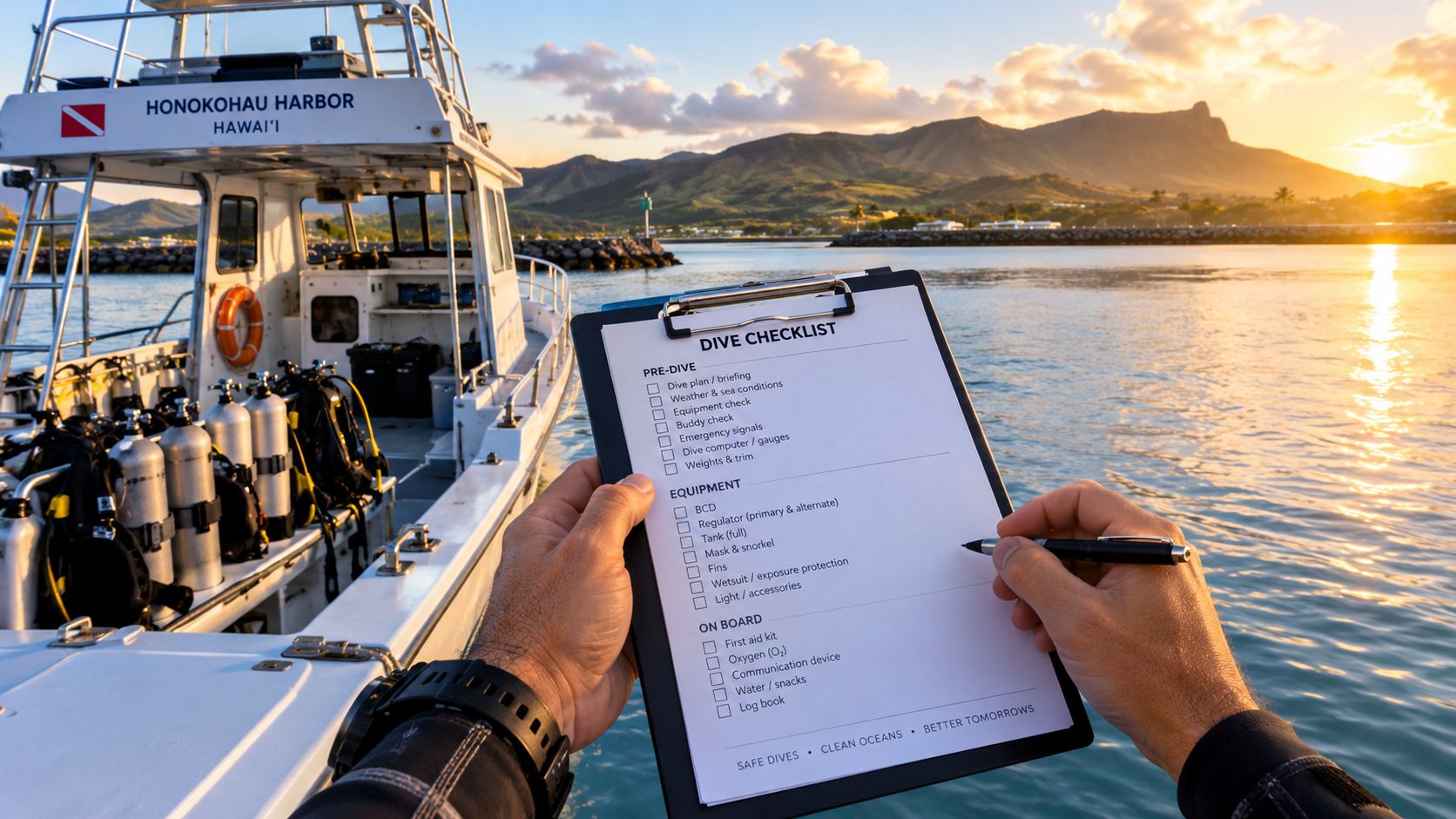 A first-person view of a diver holding a clipboard with a checklist on a boat in Hawaii.