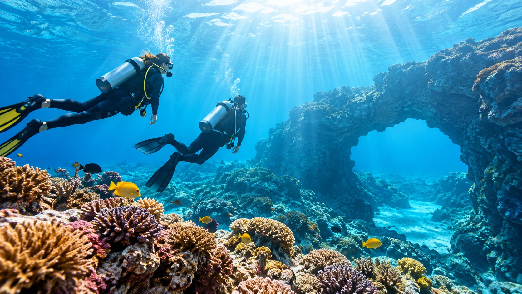 Two scuba divers exploring a beautiful underwater rock arch surrounded by colorful coral reefs and tropical fish.