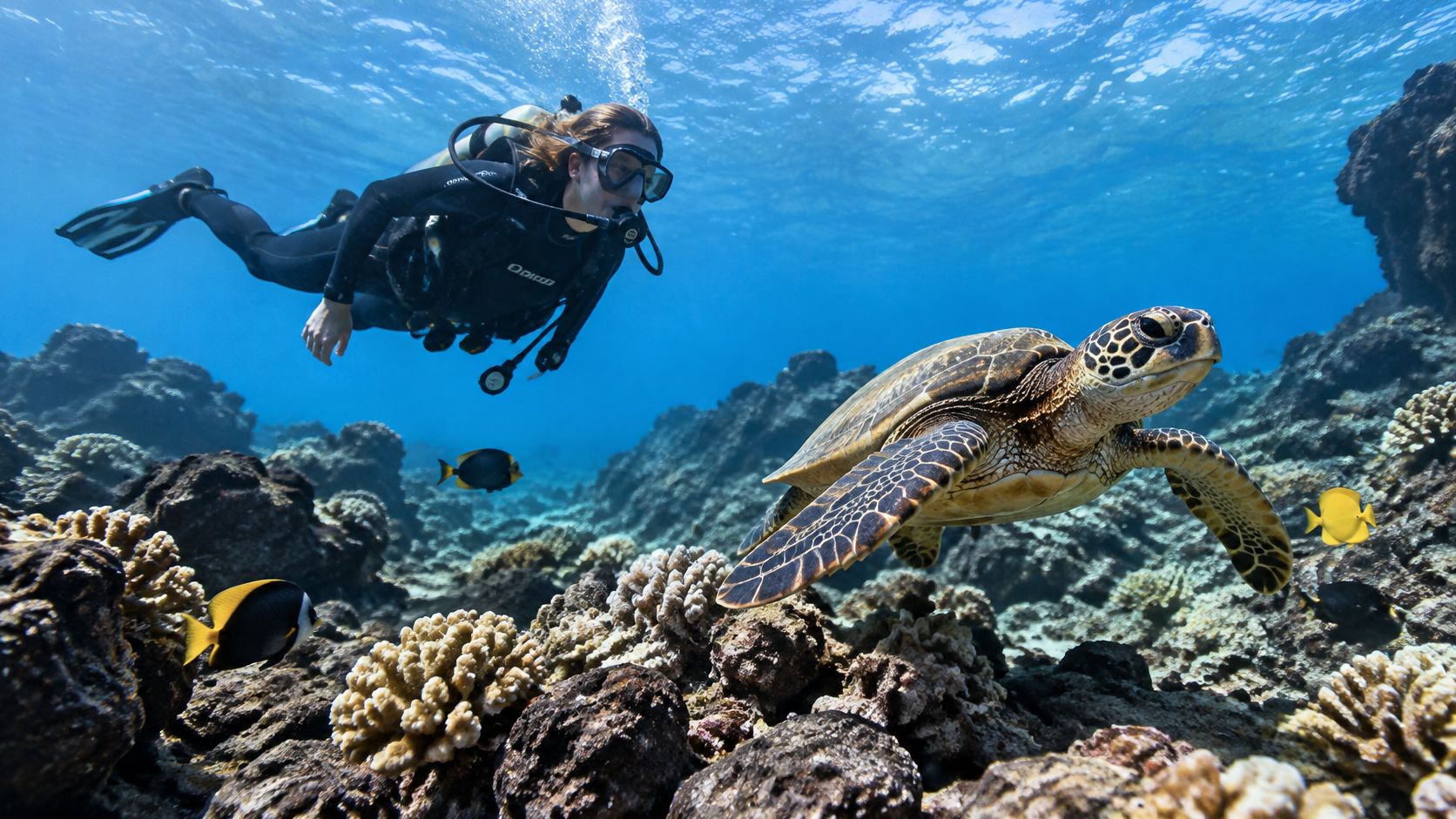 A scuba diver swims alongside a sea turtle near a vibrant coral reef in clear blue water.