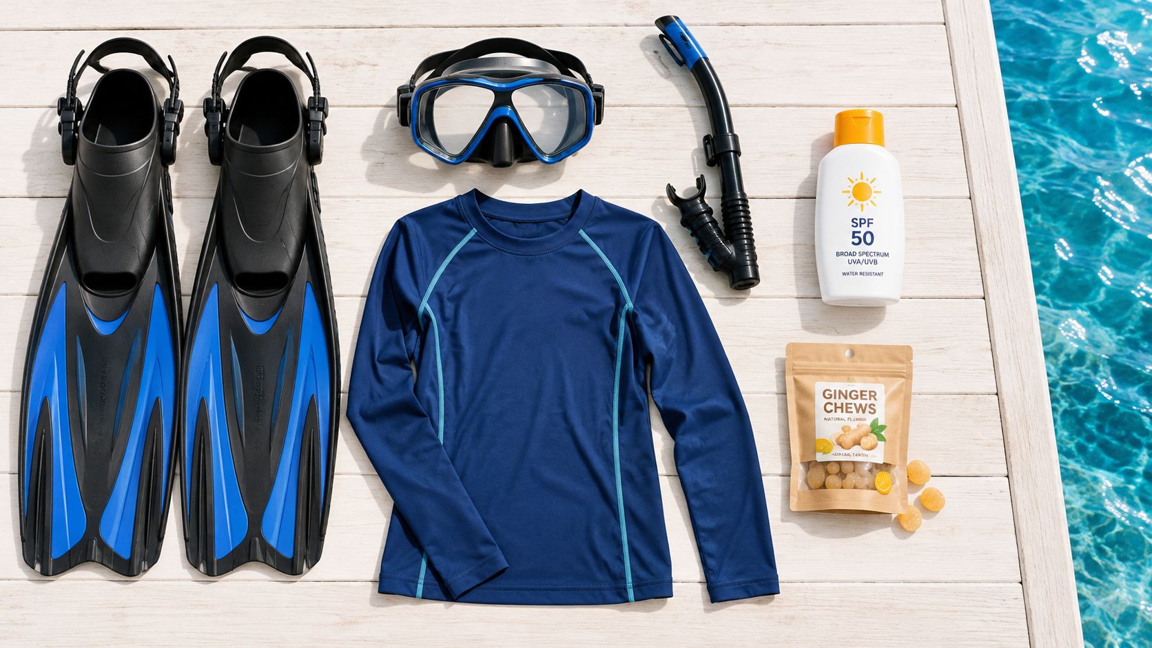 A flat lay of snorkel gear, blue rash guard, sunscreen, and ginger chews on a wooden dock.