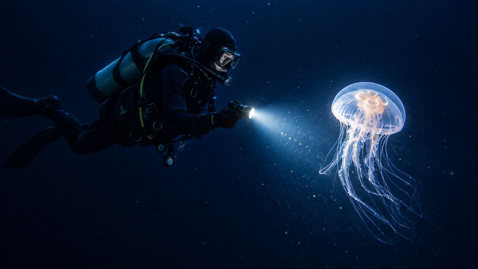 A scuba diver illuminates a glowing, translucent jellyfish with a flashlight in the deep blue ocean.