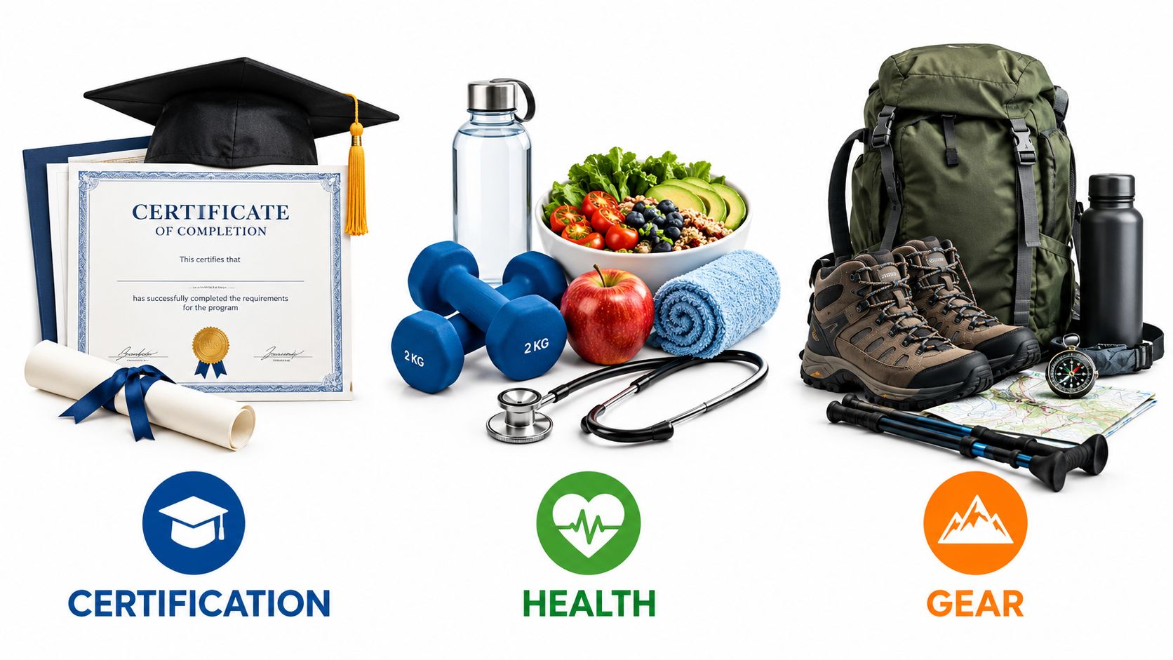 A collage showing academic certification, health and fitness items, and outdoor hiking equipment for diverse activities.