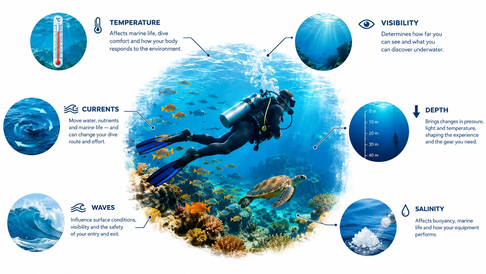 An infographic showing six environmental factors that affect scuba diving including temperature, visibility, currents, depth, waves, and salinity.