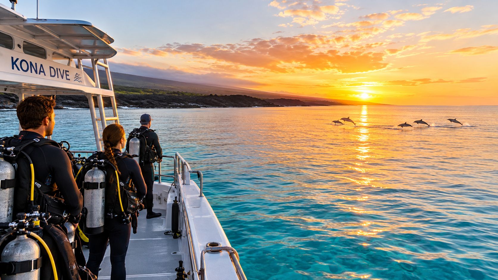 Three scuba divers on a boat watching a group of dolphins swimming at sunset near Kona, Hawaii.