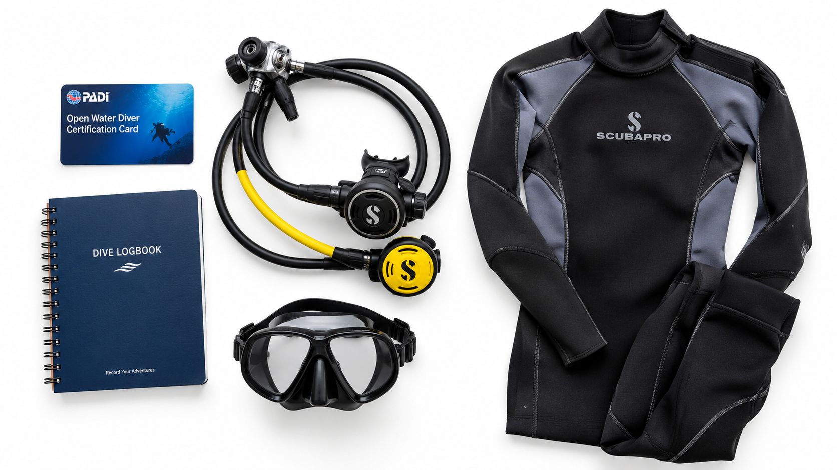 A collection of scuba diving gear including a wetsuit, regulator, dive mask, logbook, and certification card.