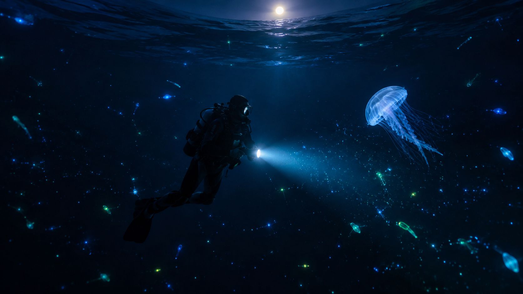 A scuba diver explores the deep ocean, shining a light on a glowing jellyfish surrounded by bioluminescent organisms.