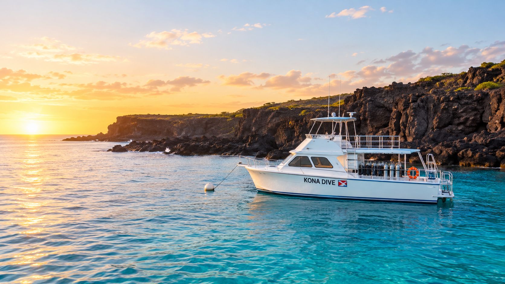 A white dive boat floating on clear blue water with a rocky coastline during a golden sunset.