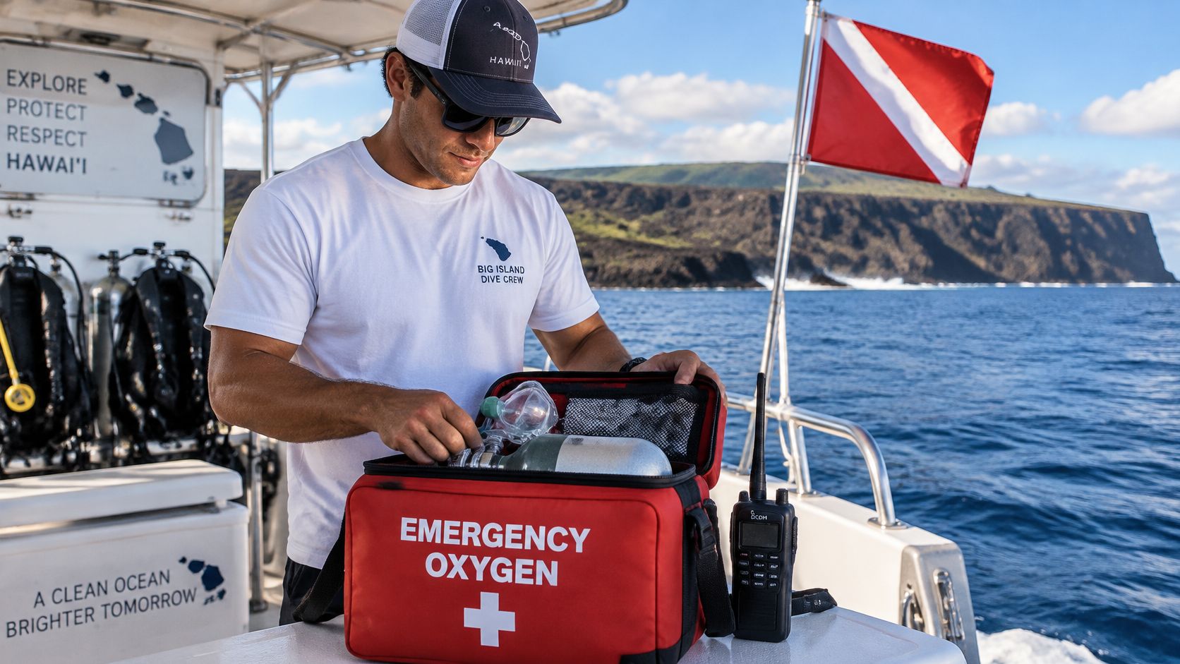 A crew member prepares emergency oxygen equipment on a dive boat near the coast of Hawaii.