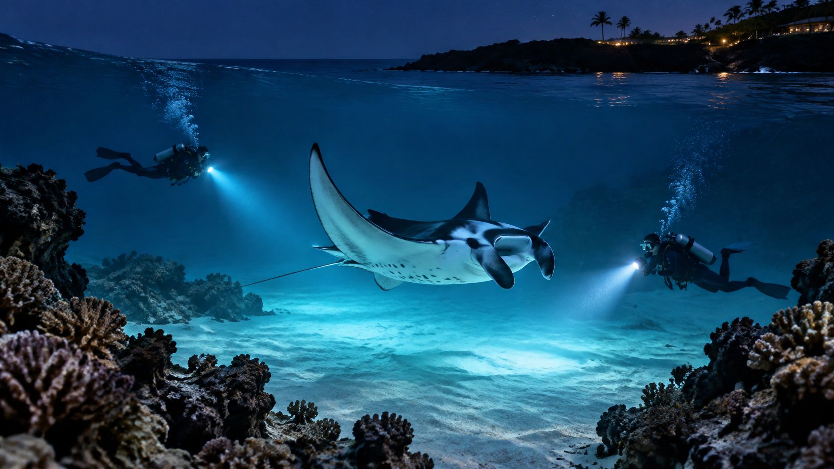Two scuba divers using underwater lights to observe a large manta ray swimming over a sandy seabed.