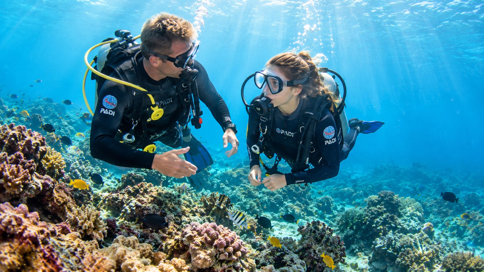 Two scuba divers exploring a vibrant coral reef filled with colorful tropical fish underwater.