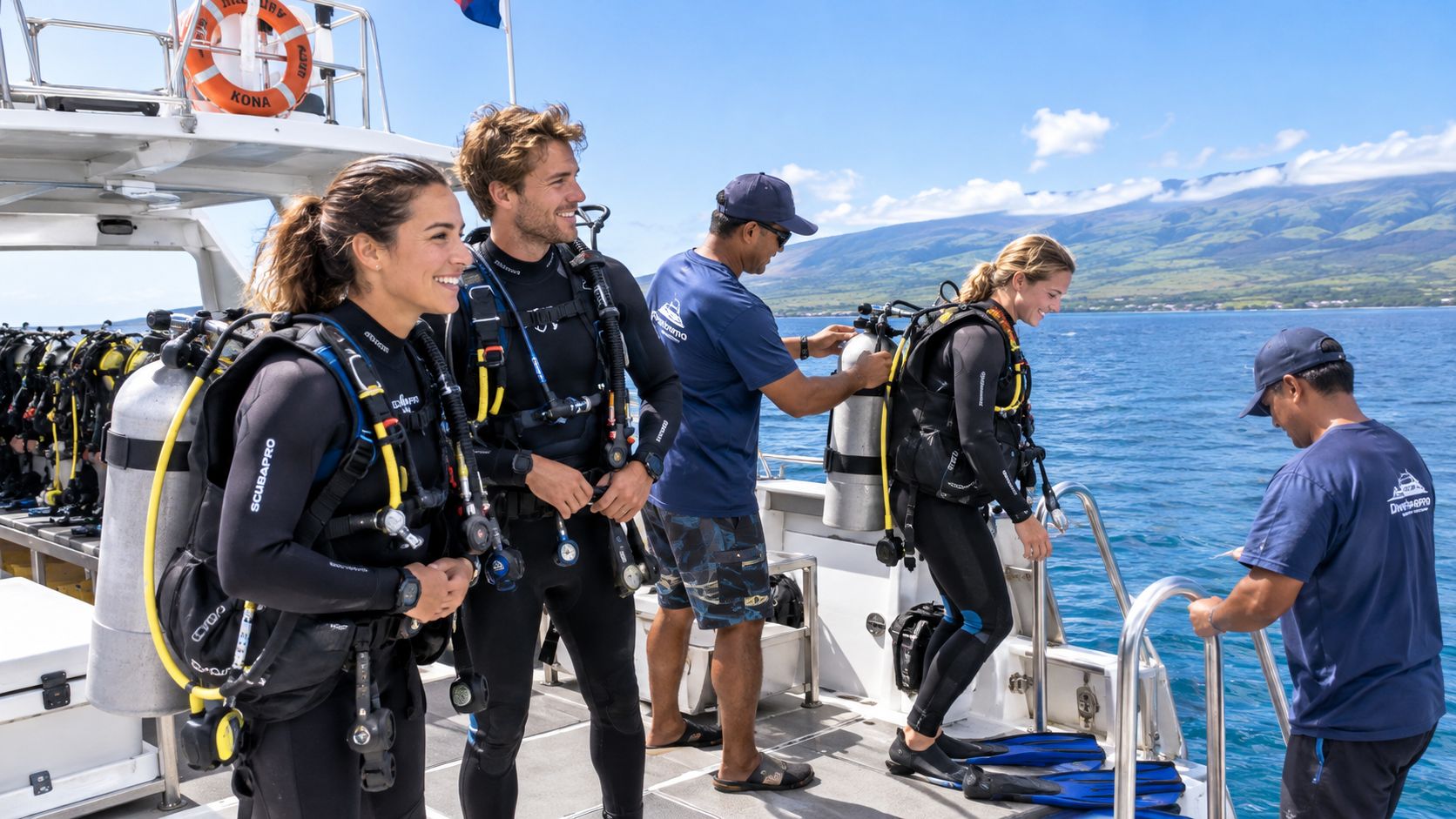 A group of scuba divers preparing to board a dive boat with staff assistants in Hawaii.