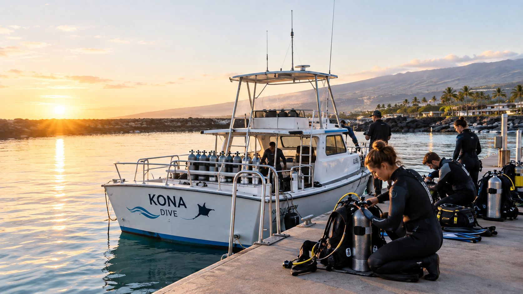 Divers preparing their scuba gear on a pier next to a Kona Dive boat at sunset.