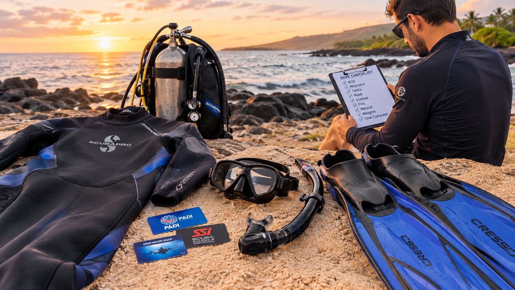 A scuba diver checking off equipment on a clipboard at sunset on the Big Island of Hawaii.