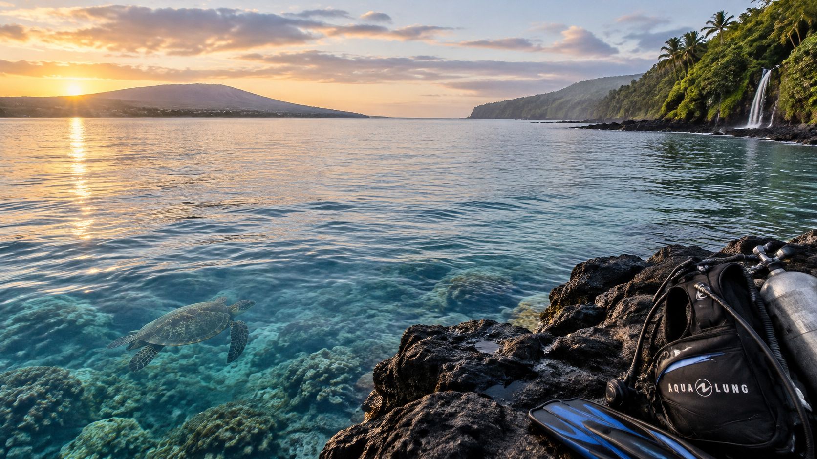 A sea turtle swims in clear tropical water near a volcanic shoreline with scuba diving gear nearby.